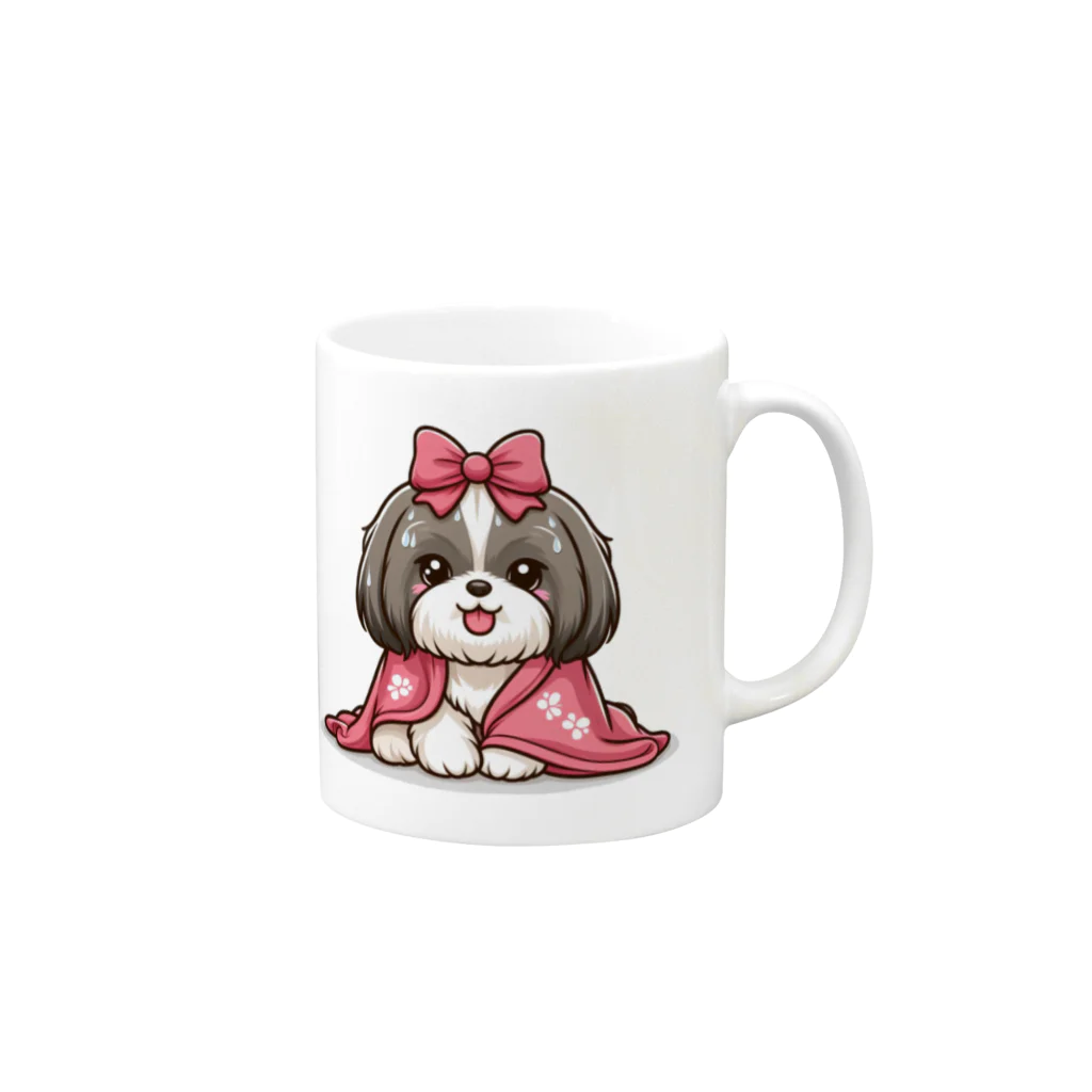 ワンコとにゃんちゃんズの毛布にくるまるシーズー Mug :right side of the handle