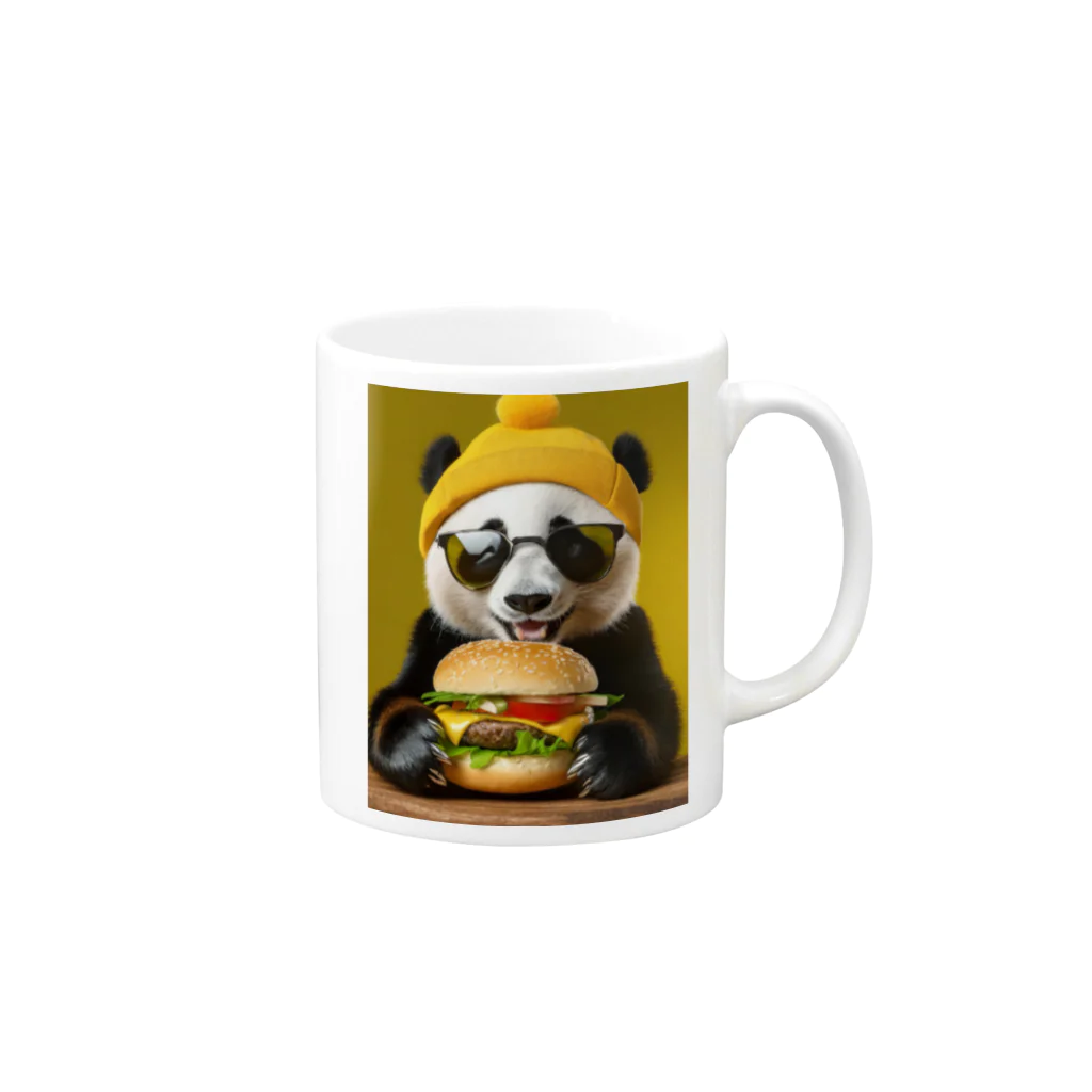 Colorful Canvasのハンバーガーを食べるパンダ Mug :right side of the handle