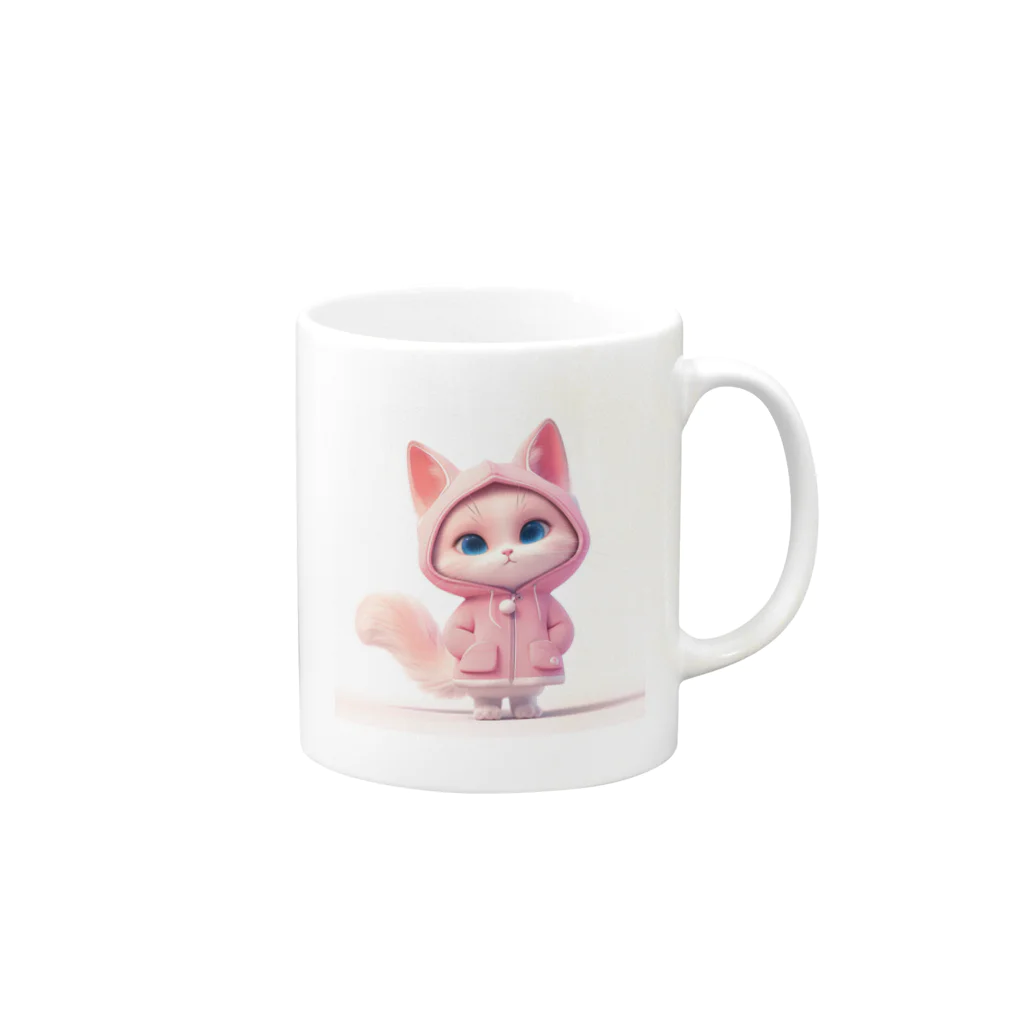 TomaTracksのピンクのパーカーをまとったクールな猫 Mug :right side of the handle