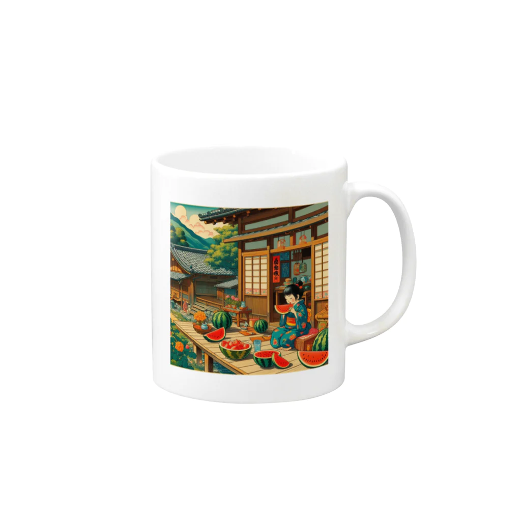 日本の風景 COOL JAPANの日本の風景:縁側でスイカを食べる Mug :right side of the handle