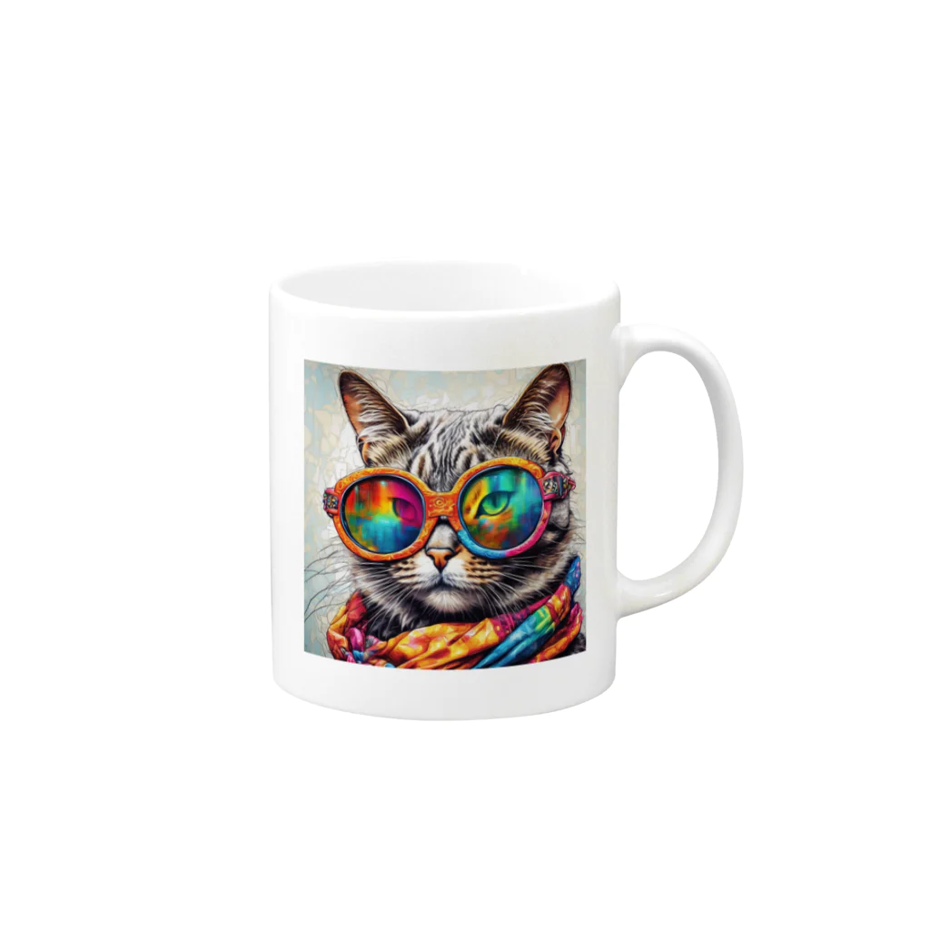 だんのんのカラフルメガネをかけた猫 Mug :right side of the handle