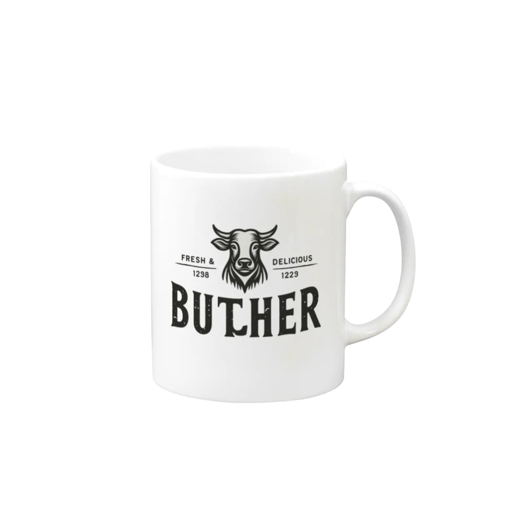 Meat-king.comのシンプルなお肉屋さんのロゴ Mug :right side of the handle