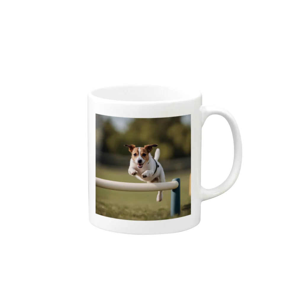 jackrussellvibes___のハードルをジャンプしているジャックラッセルテリア Mug :right side of the handle