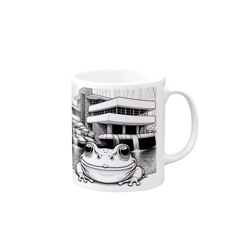 archifrogの落水荘風の建築物に佇むカエル Mug :right side of the handle