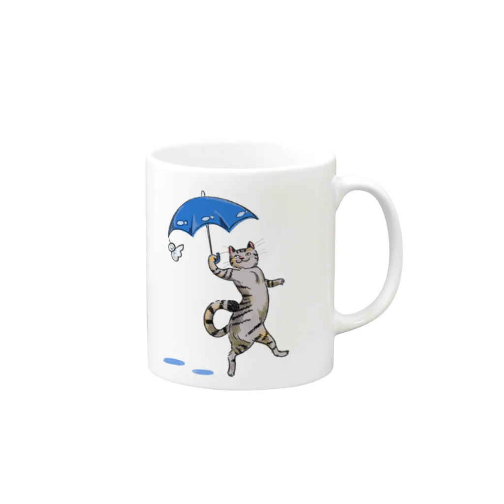 灰色の犬の青い傘とにゃんこグッズ Mug :right side of the handle