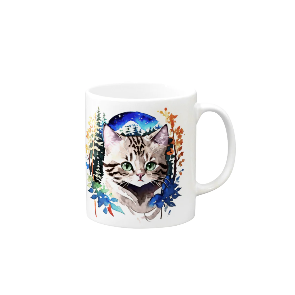 猫との風景の水彩_猫と森001 Mug :right side of the handle