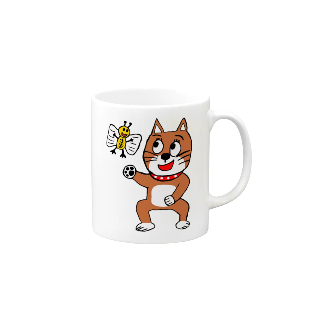 横浜ザイバツ　ショップのちょうちょと遊ぶ柴犬 Mug :right side of the handle