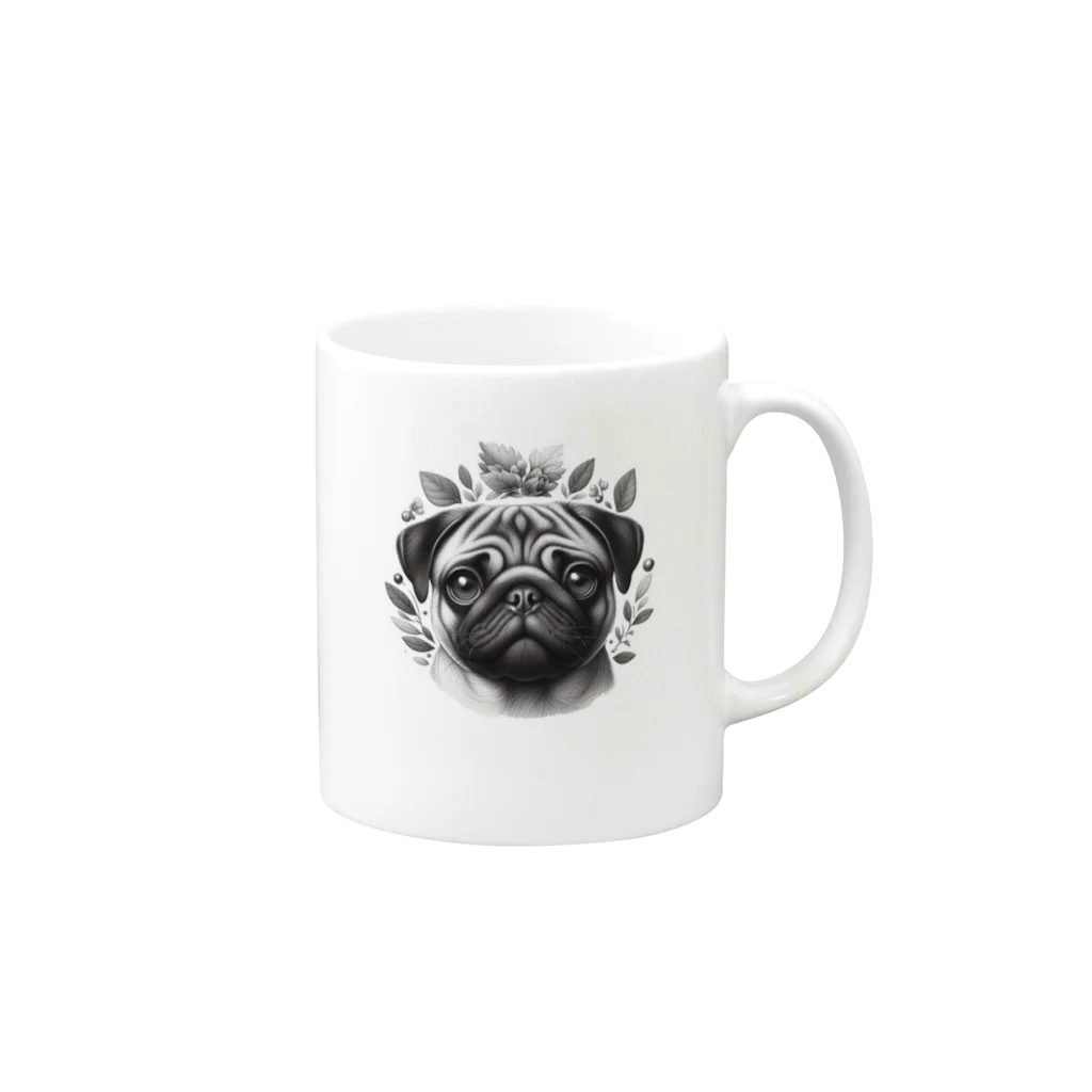 鼻ぺちゃ犬と和猫のボタニカル パグ Mug :right side of the handle