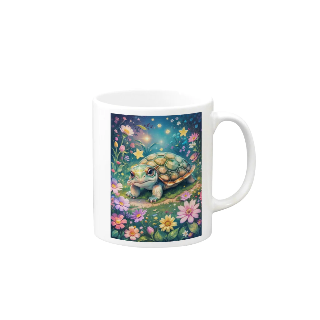 モノモノクローゼットの花とカメ Mug :right side of the handle