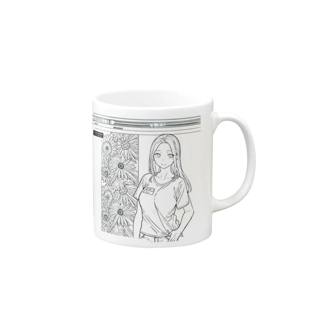 猫集めの爽やかな女性が描かれた線画 Mug :right side of the handle