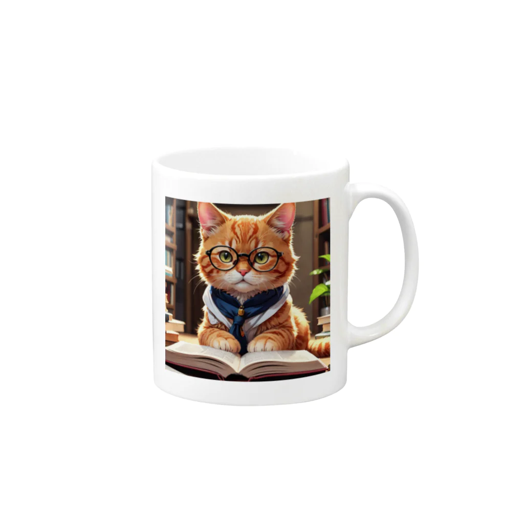 L Laurelの知的でかわいい猫が本に没頭中！ Mug :right side of the handle