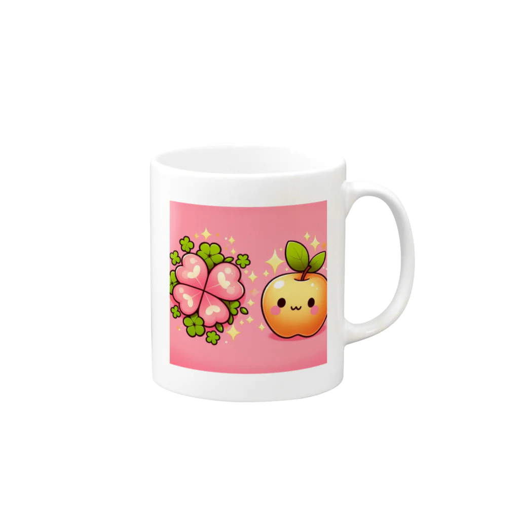 金運上昇金のリンゴの恋愛運アップの金のリンゴとピンクのクローバー Mug :right side of the handle