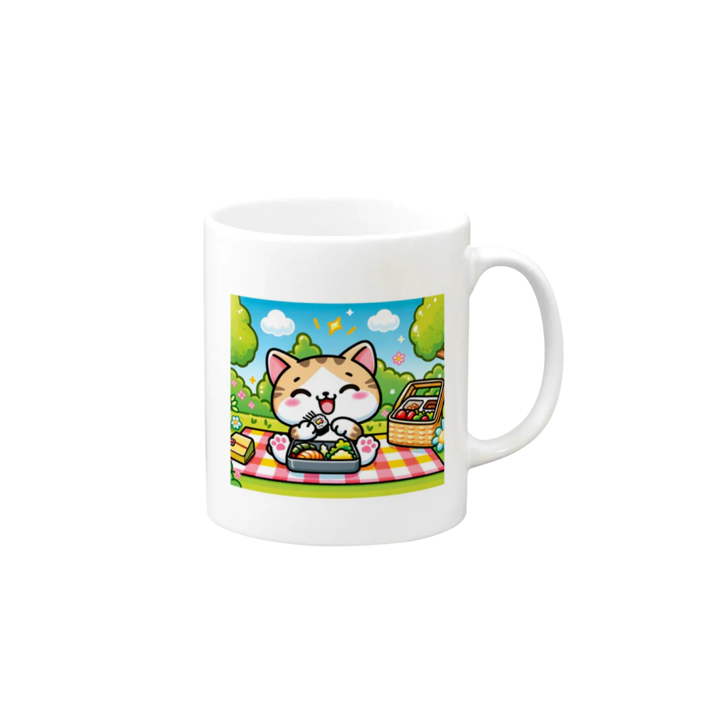 子猫カーニバルの遠足の楽しいお弁当タイム Mug :right side of the handle