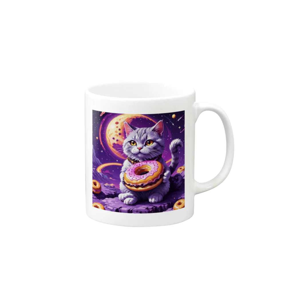 メロンパン猫の土星でドーナツ食べたい Mug :right side of the handle