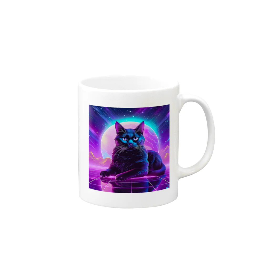 黒猫ファブリックのBlack Cat in The VaporWave World.(蒸気波世界のクロネコ) Mug :right side of the handle