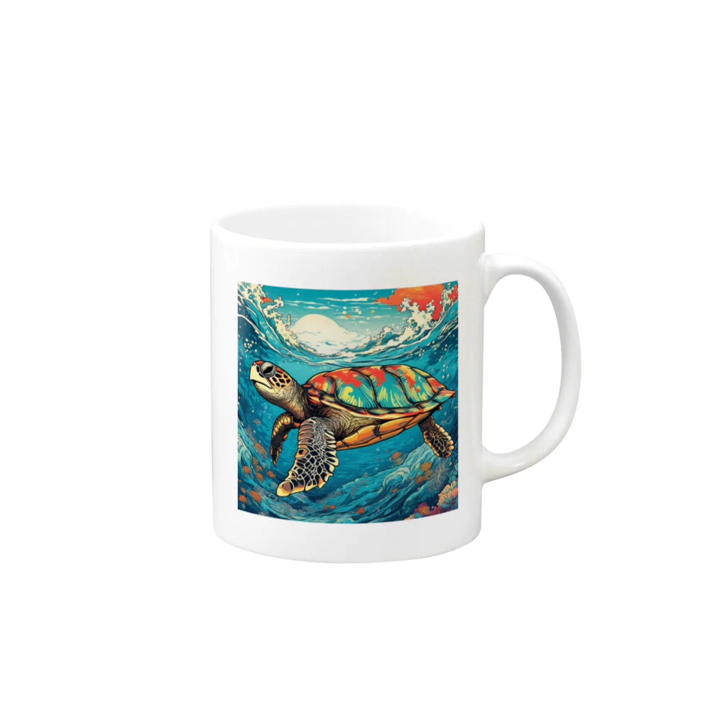 日本の風景 COOL JAPANの日本の風景:荒波にもまれる海がめ、Japanese scenery: Sea turtle caught in rough waves Mug :right side of the handle