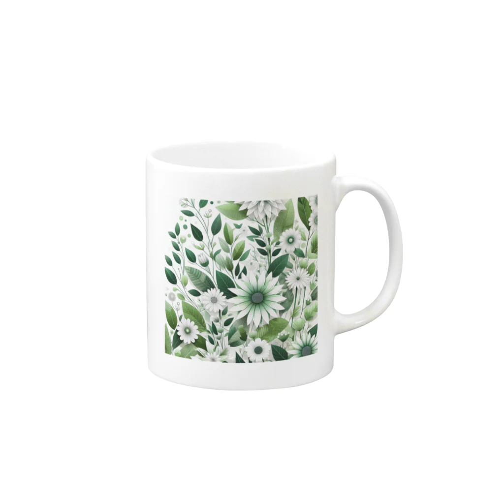 アミュペンの数学的で洗練されたデザインの白と緑の花 Mug :right side of the handle