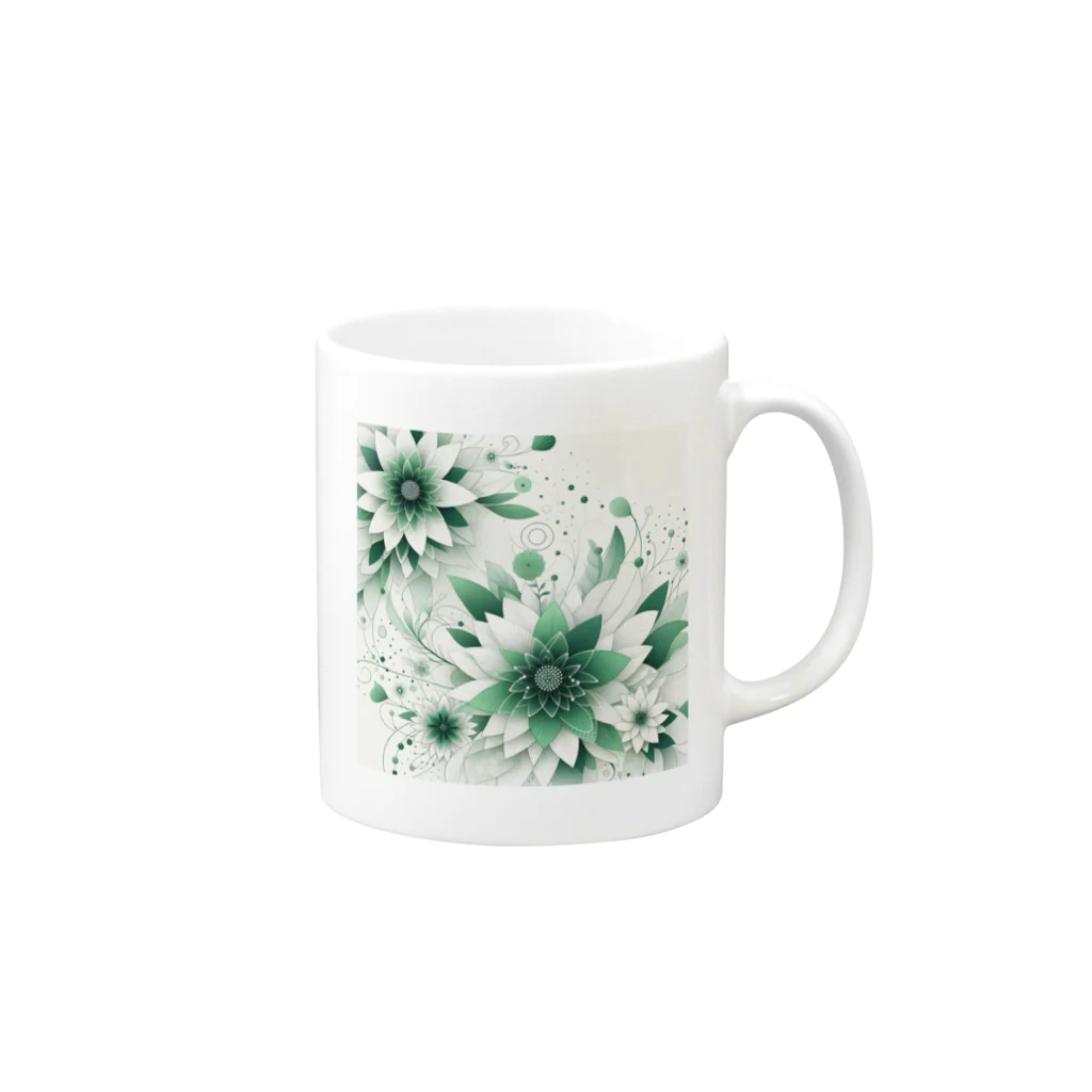 アミュペンの数学的なデザインを持つ緑と白の花 Mug :right side of the handle