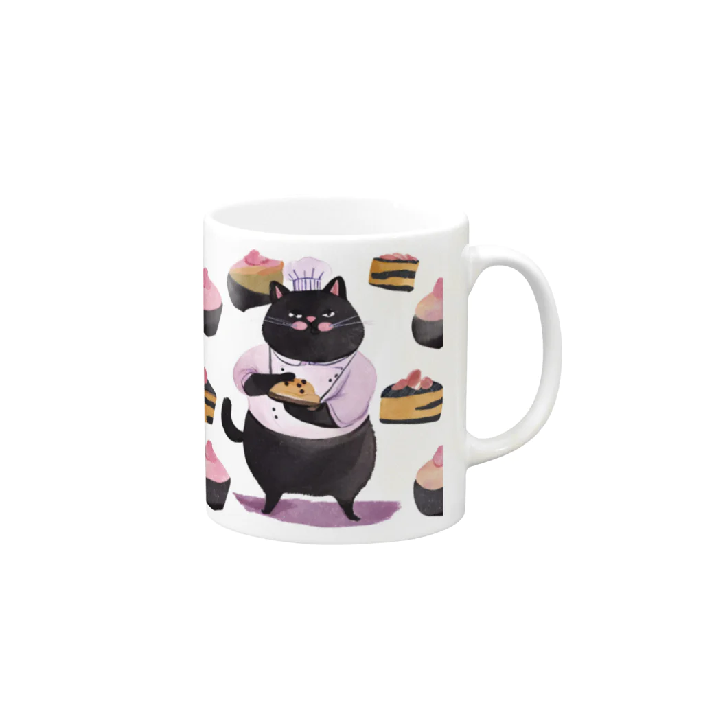 なまけものとみんなの太っちょ黒猫パティシエ Mug :right side of the handle