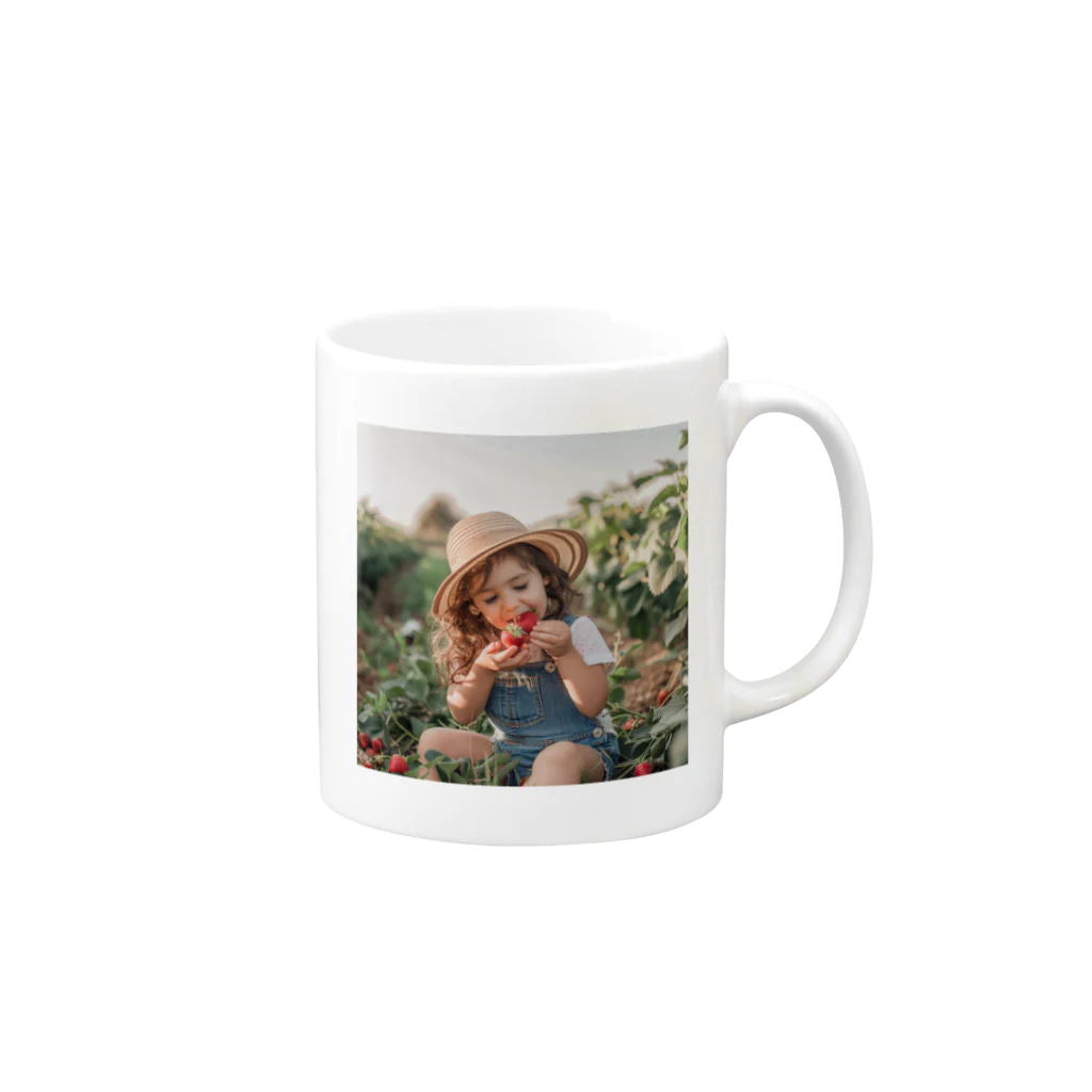 AQUAMETAVERSEの苺狩りで口にほうばんでいる女の子　ラフルール　1859 Mug :right side of the handle