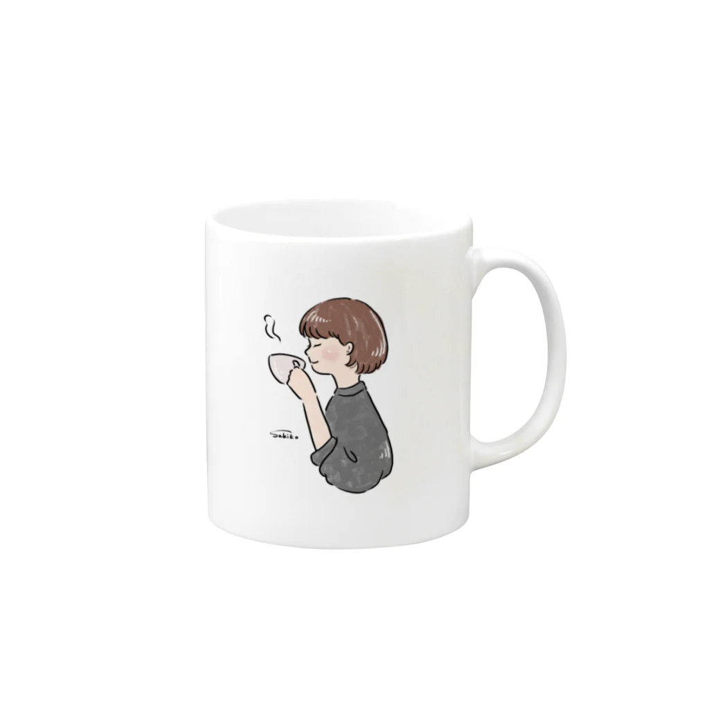 Sakikoのほっとひと息つく女の子　グレー Mug :right side of the handle