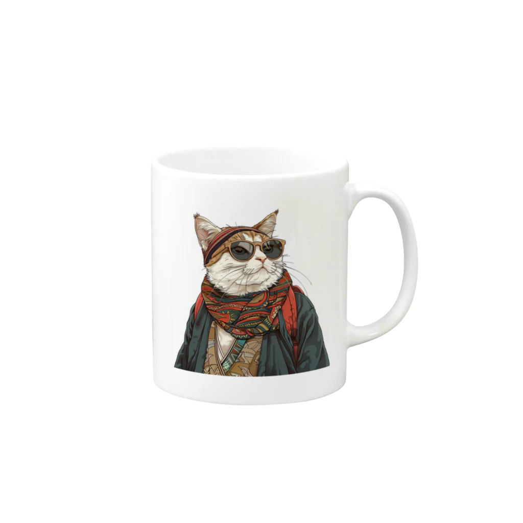 鼻ぺちゃ犬と和猫の和猫  Mug :right side of the handle