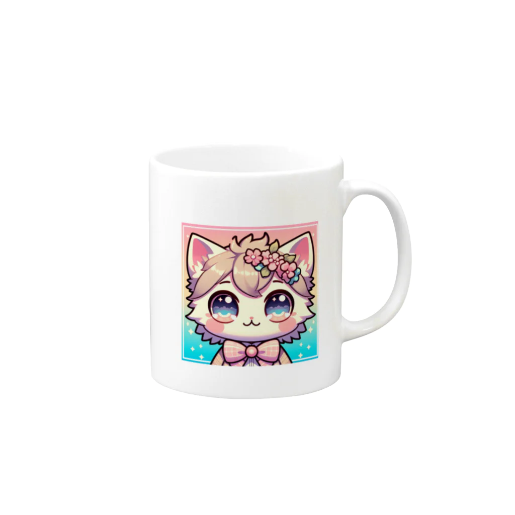 キュート＆クールのアニメ調・花ねこ Mug :right side of the handle