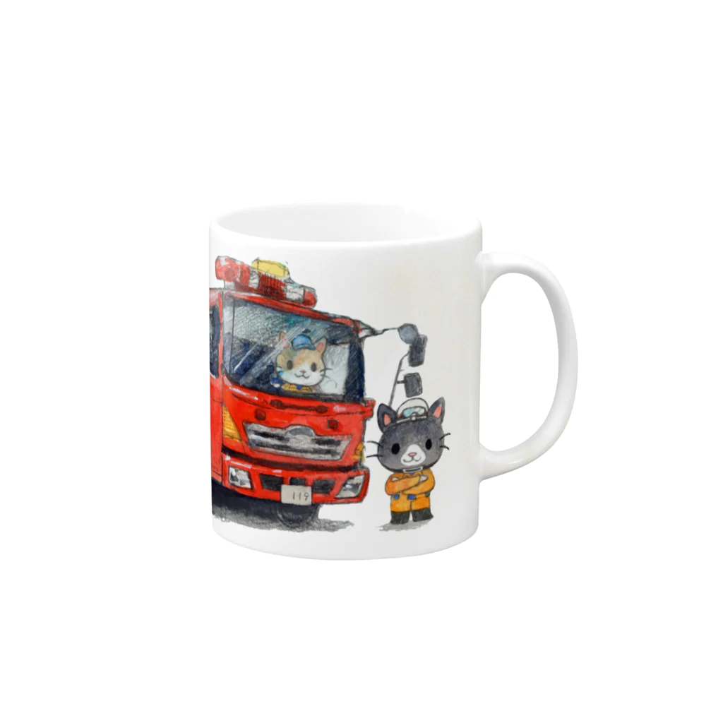 消防 と ねこちゃんの消防車とレスキューにゃんこ Mug :right side of the handle