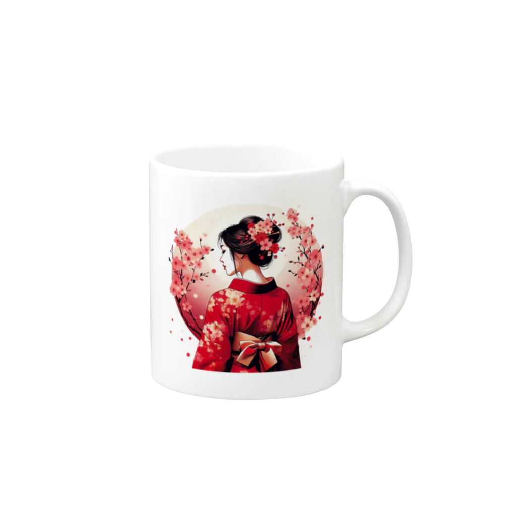 yuchijapanの桜を散らした着物美人イラスト Mug :right side of the handle