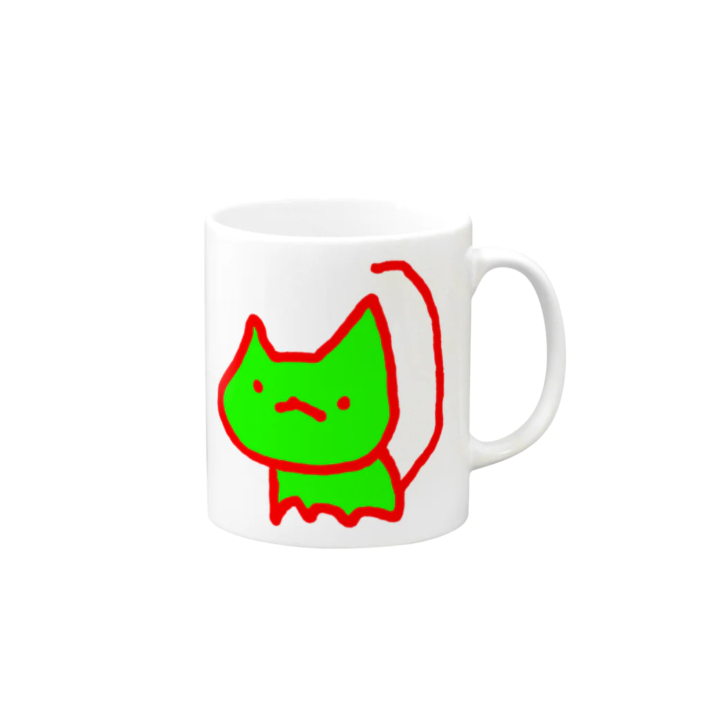 わふーおランド公式の緑色猫的生物　表裏一体 Mug :right side of the handle