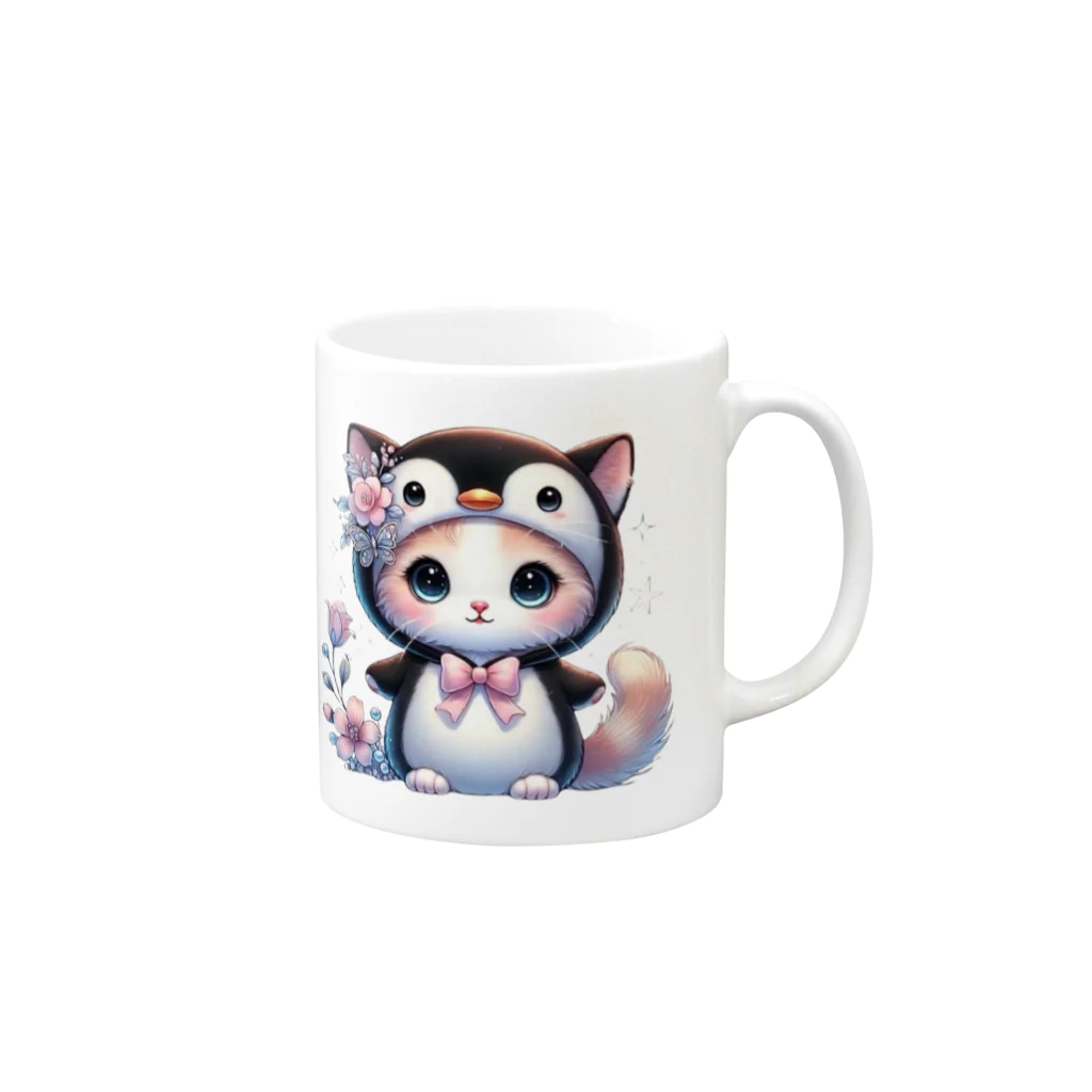 Snow-peaceのペンギンコスチュームのキュートな子猫 Mug :right side of the handle