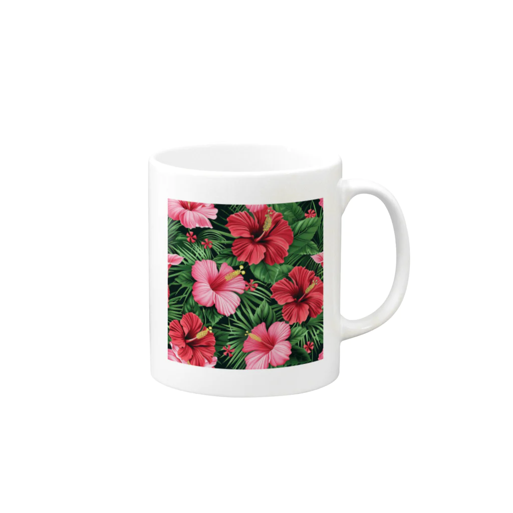 オンラインショップイエローリーフの赤色の花ハイビスカス Mug :right side of the handle