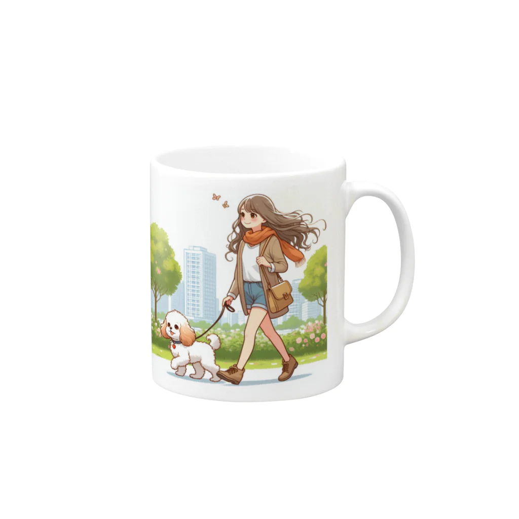 南国のかわいい犬と散歩をする女性 Mug :right side of the handle