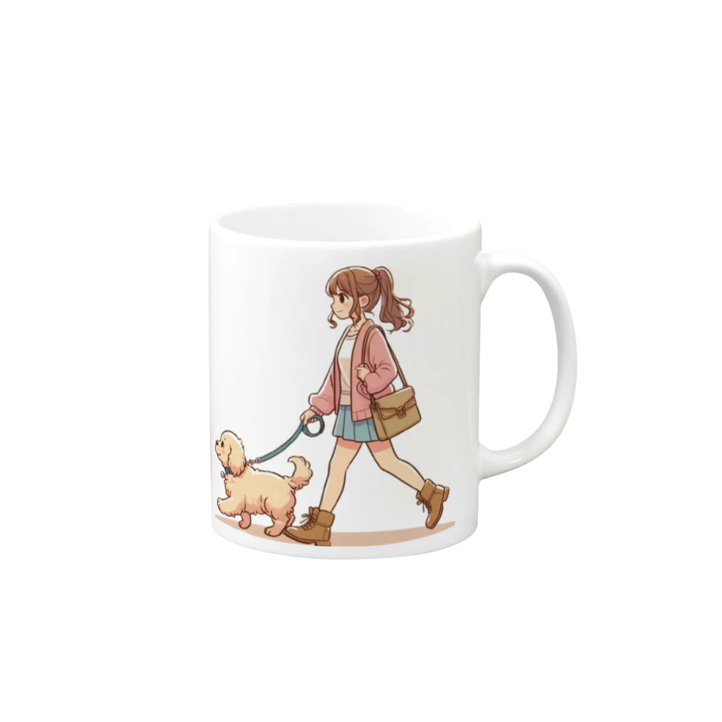 南国のかわいい犬と散歩をする女性 Mug :right side of the handle