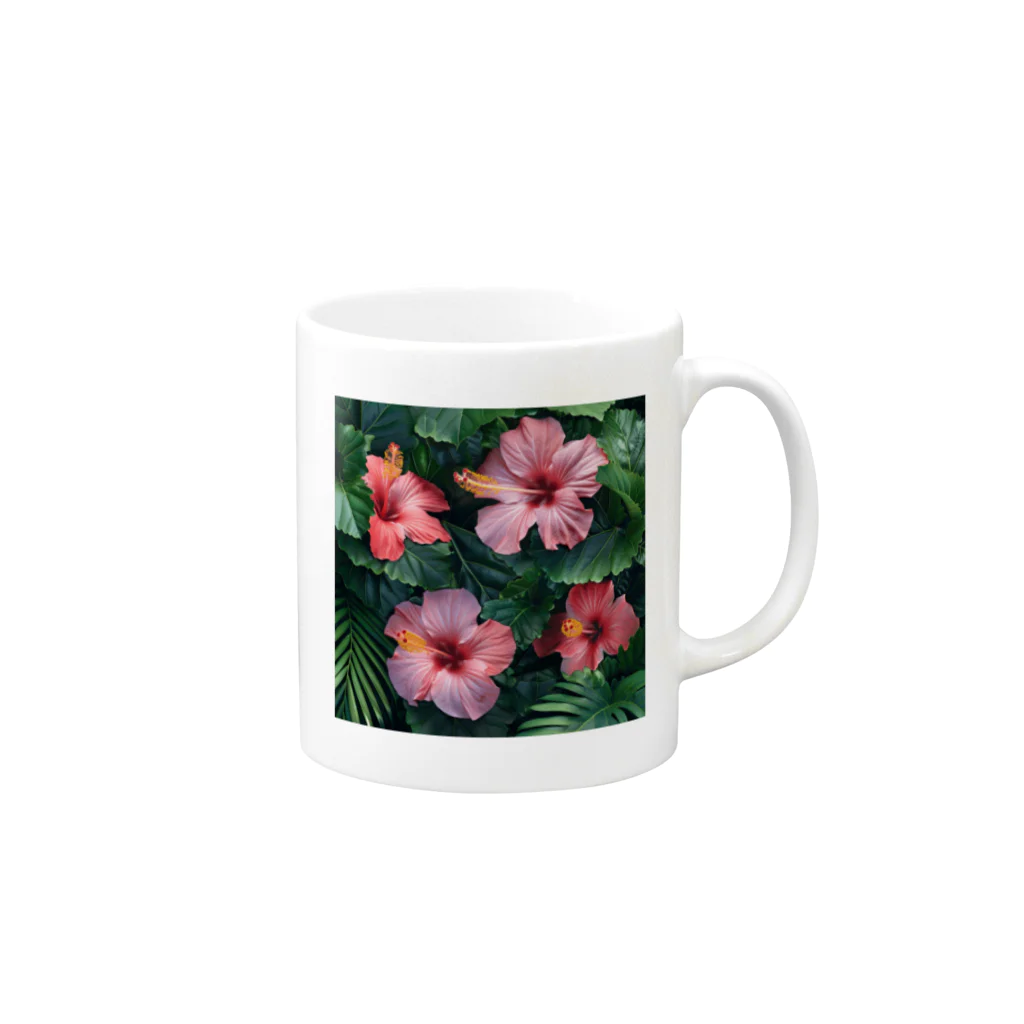 オンラインショップイエローリーフのピンク色のハイビスカスの花 Mug :right side of the handle