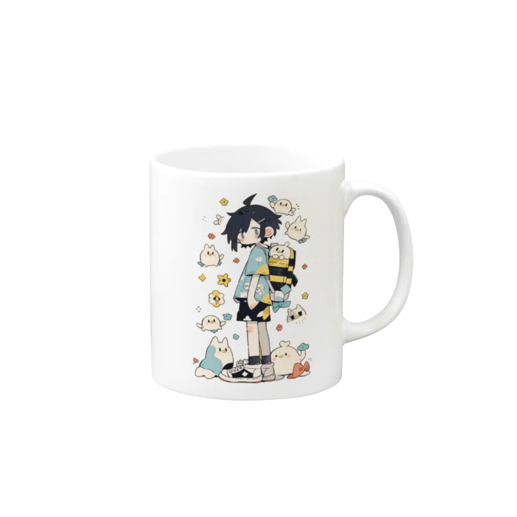 よる＠AIイラストの三毛猫のウサギとかわいい女の子 Mug :right side of the handle