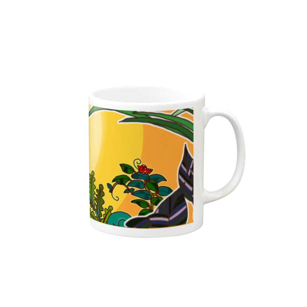 カメレオンの「にちにちこれこうじつ」の赤いカメレオンとサンサン太陽 Mug :right side of the handle