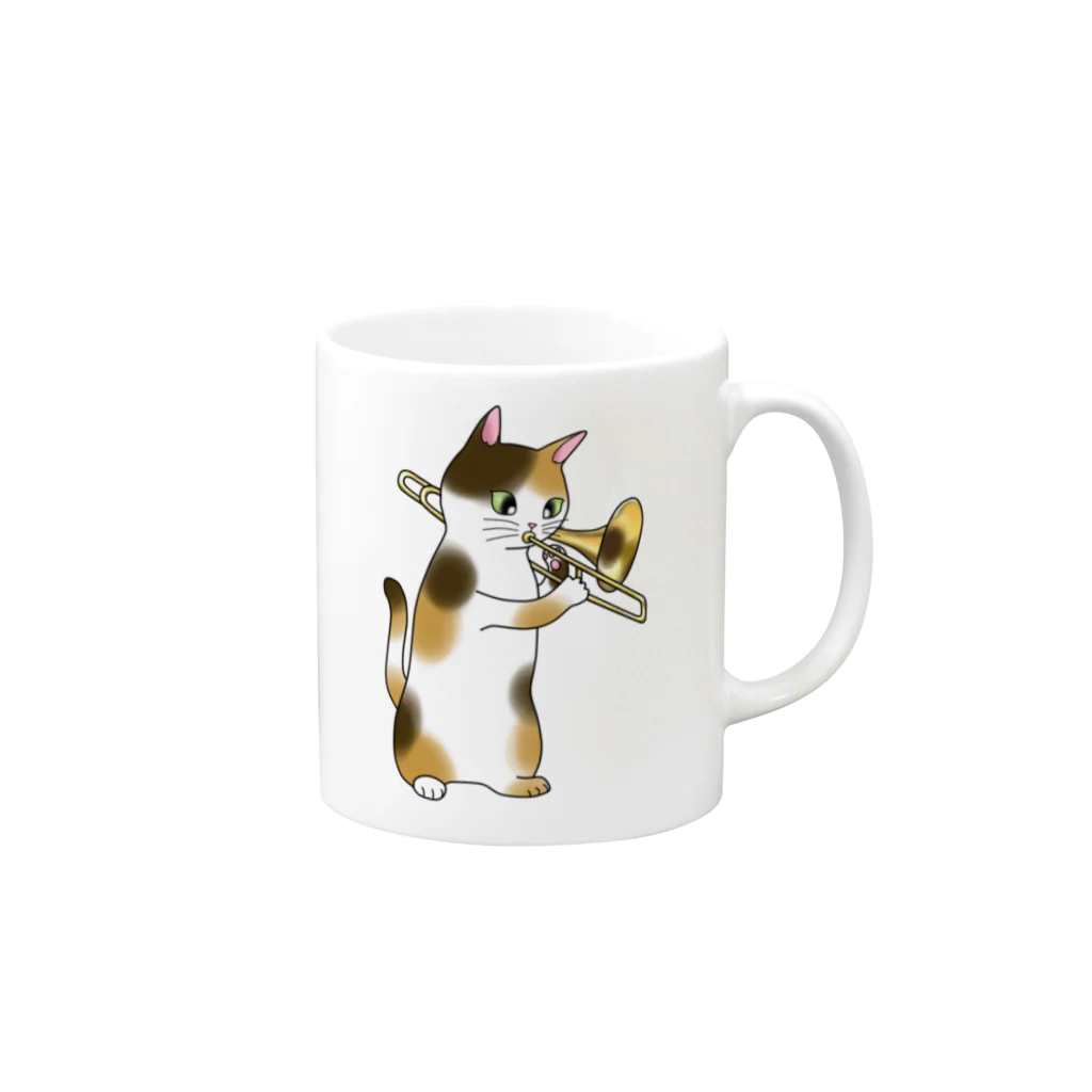 Ａｔｅｌｉｅｒ　Ｈｅｕｒｅｕｘのトロンボーンを吹く猫 Mug :right side of the handle