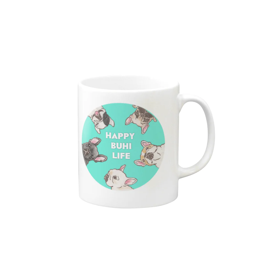 まあるいしあわせのHAPPY BUHI LIFE (ブルー) Mug :right side of the handle