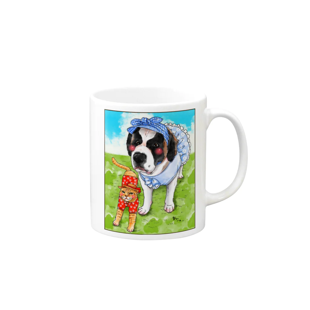 shop あこ猫犬屋のセントバーナード&茶トラ猫 Mug :right side of the handle