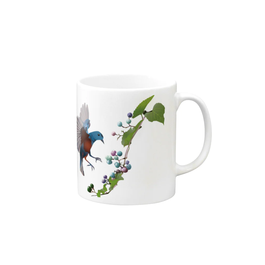 Drecome_Designの野ぶどうとイソヒヨドリ Mug :right side of the handle