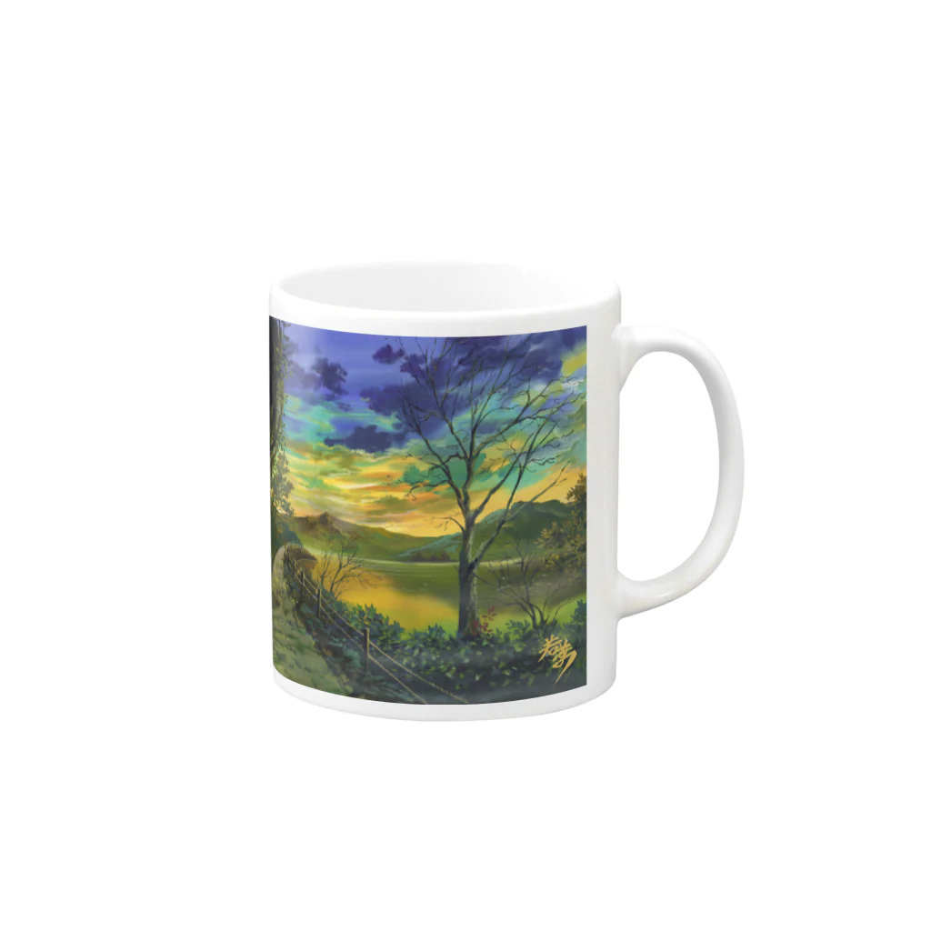 かりかりの夕焼けの湖 Mug :right side of the handle