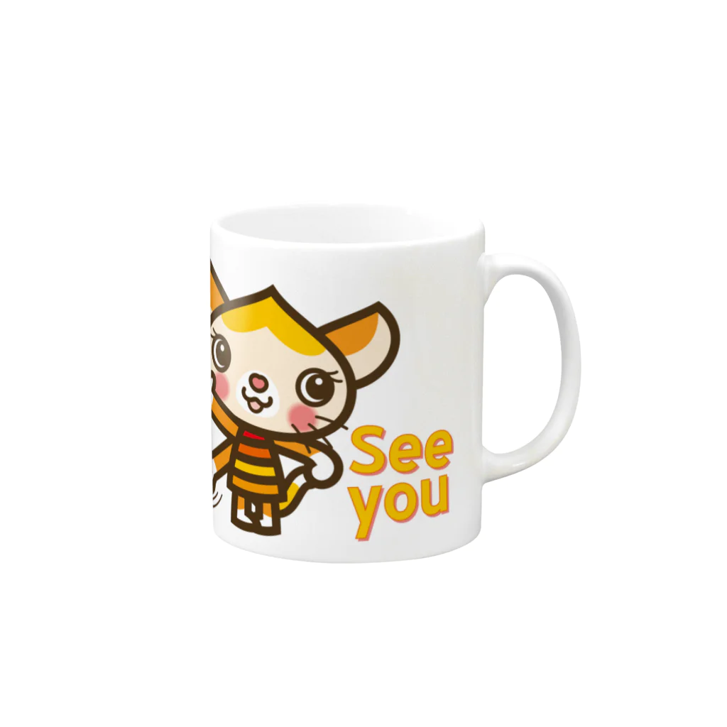 ザ・ワタナバッフルのマロンヘッドのネコ”see you” Mug :right side of the handle