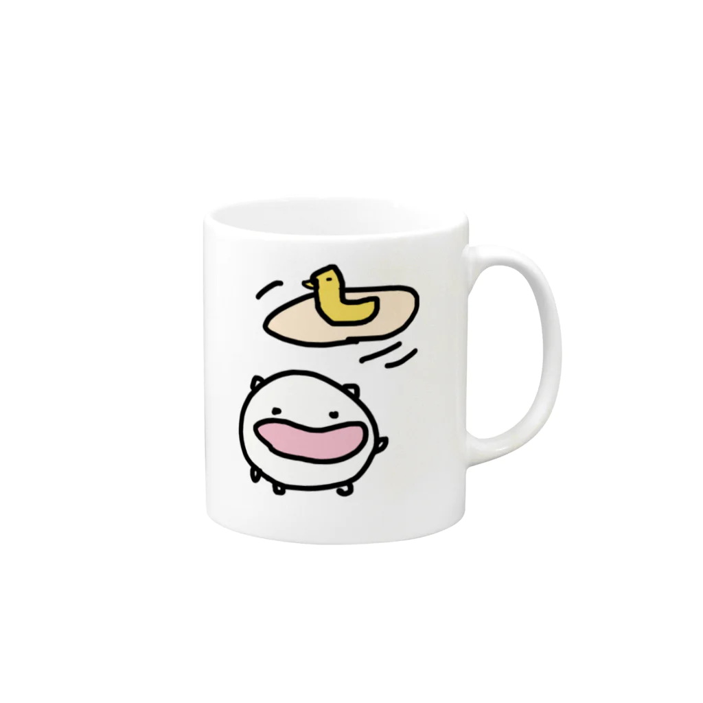 ダイナマイト87ねこ大商会のピザ生地にひよこを乗せて放り投げるねこです Mug :right side of the handle