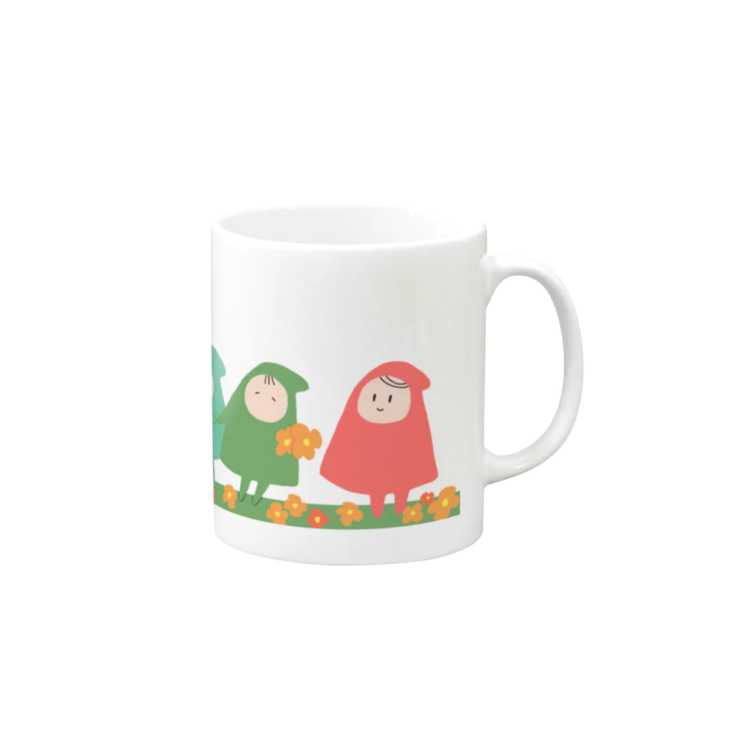 しばの夢工房イラストグッズ店の春を楽しむ幸せの小人さんたち Mug :right side of the handle