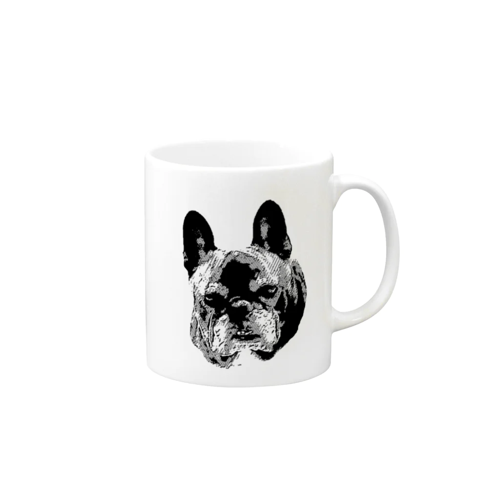 愛犬のドッグフード代を稼ぐTシャツ屋さんの不機嫌な犬マメ(モノトーン) Mug :right side of the handle