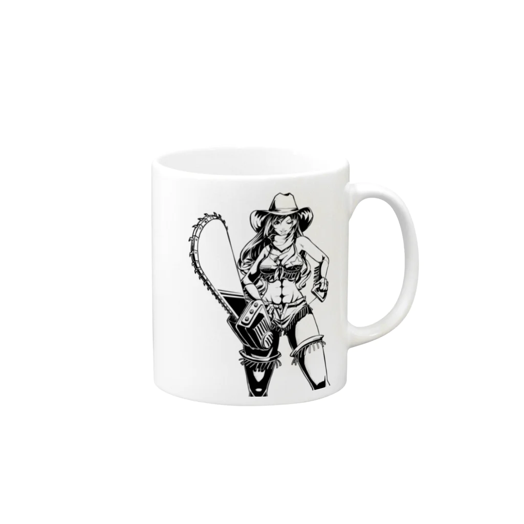 illust_designs_labのアメリカンコミック（アメコミ）風 セクシーなチェーンソーを持ったカウガール モノクロ Mug :right side of the handle