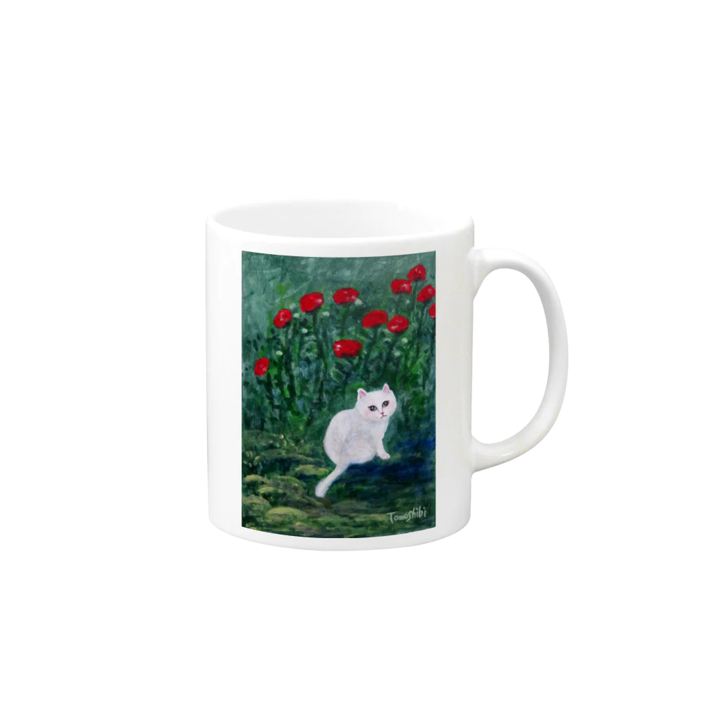 Tomoshibiの「赤い薔薇咲く庭の、優しい目をした白い猫」 Mug :right side of the handle