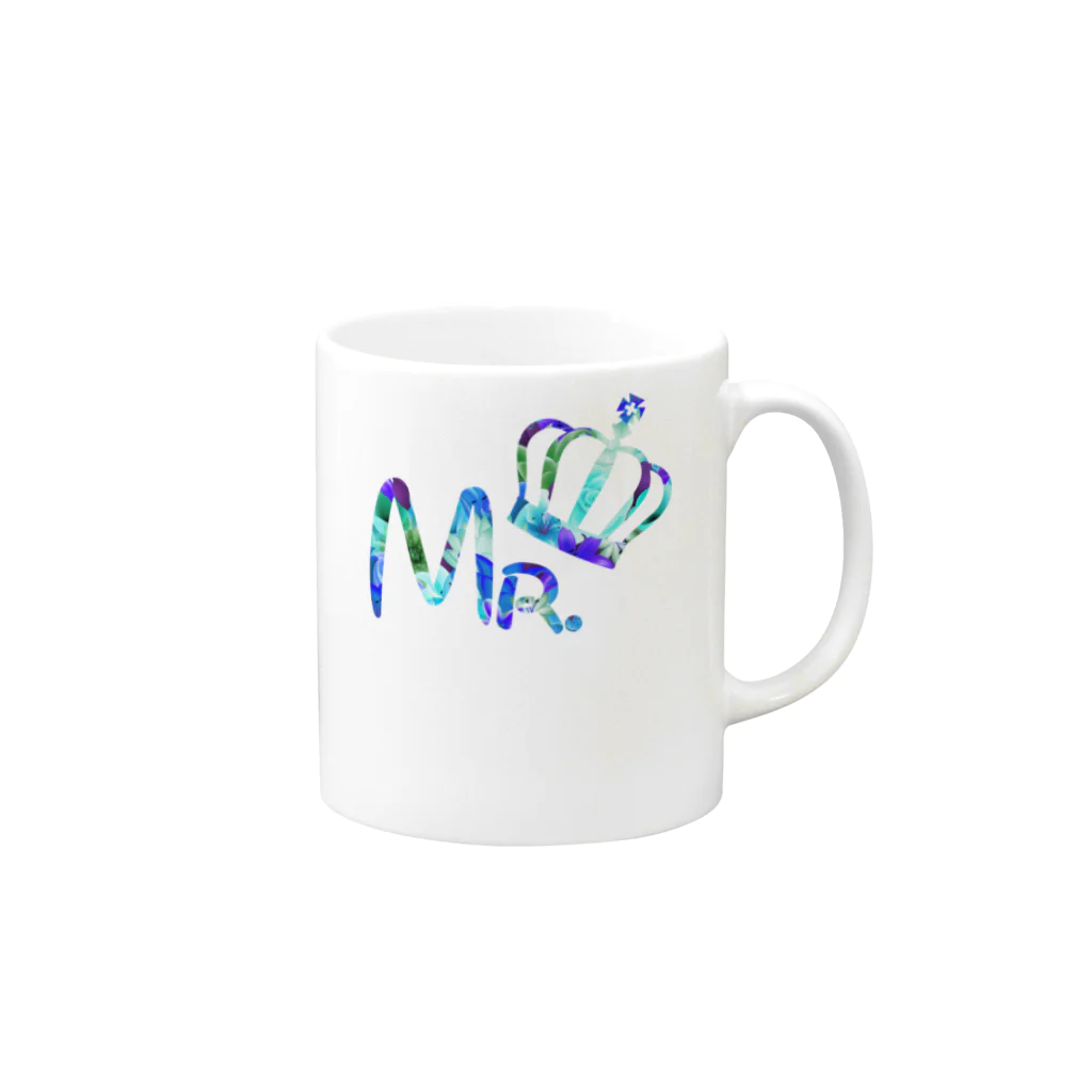 Mr.Rightのカップルコーデ トレンドの花柄ファッション 「Mr.」メンズ　ブルー マグカップの取っ手の右面