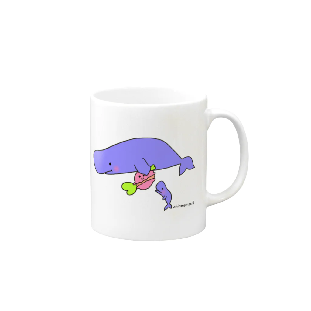 Famille de baleines(ファミールデバレーヌ)のマッコウクジラの親子とマカロン（カラー） Mug :right side of the handle